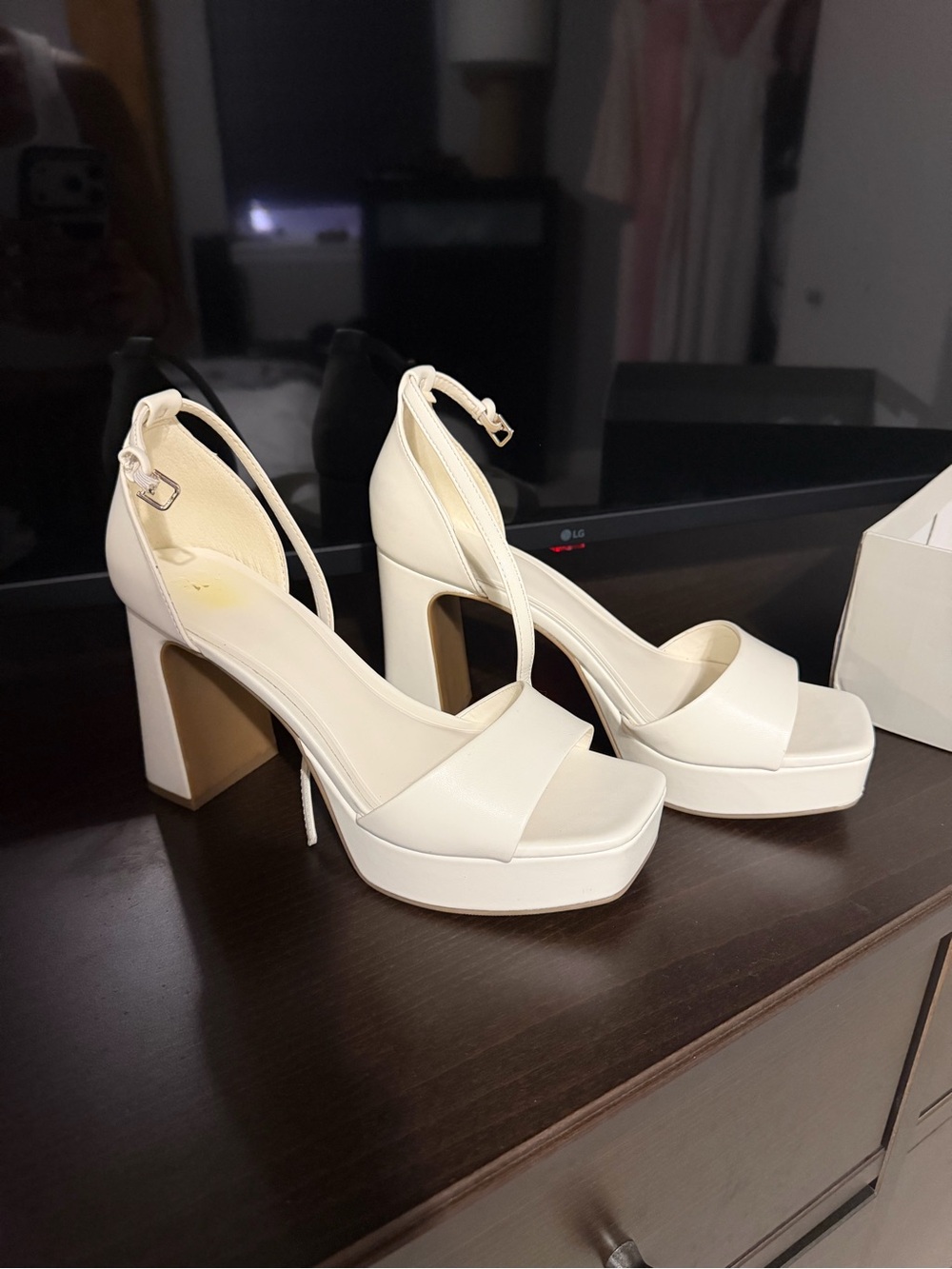 Women’s Ice White Platform Block Heel Sandals with Ankle Strap